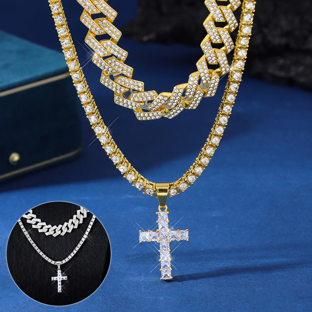 Zircon Cross Pendant Necklace Hip Hop Full Miami Curb Cuban Chain Iced Out Paved Rhinestones Bling Rapper Necklaces For Men Men's And Women's Clavicle Chain Jewelry